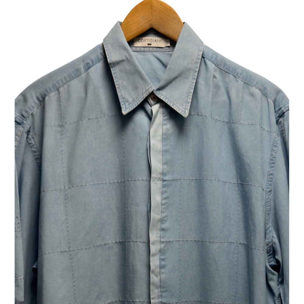 Cortigiani Men's Sz 52 Blue Tencel Short Sleeve Button Front S/S Shirt Italy euc
